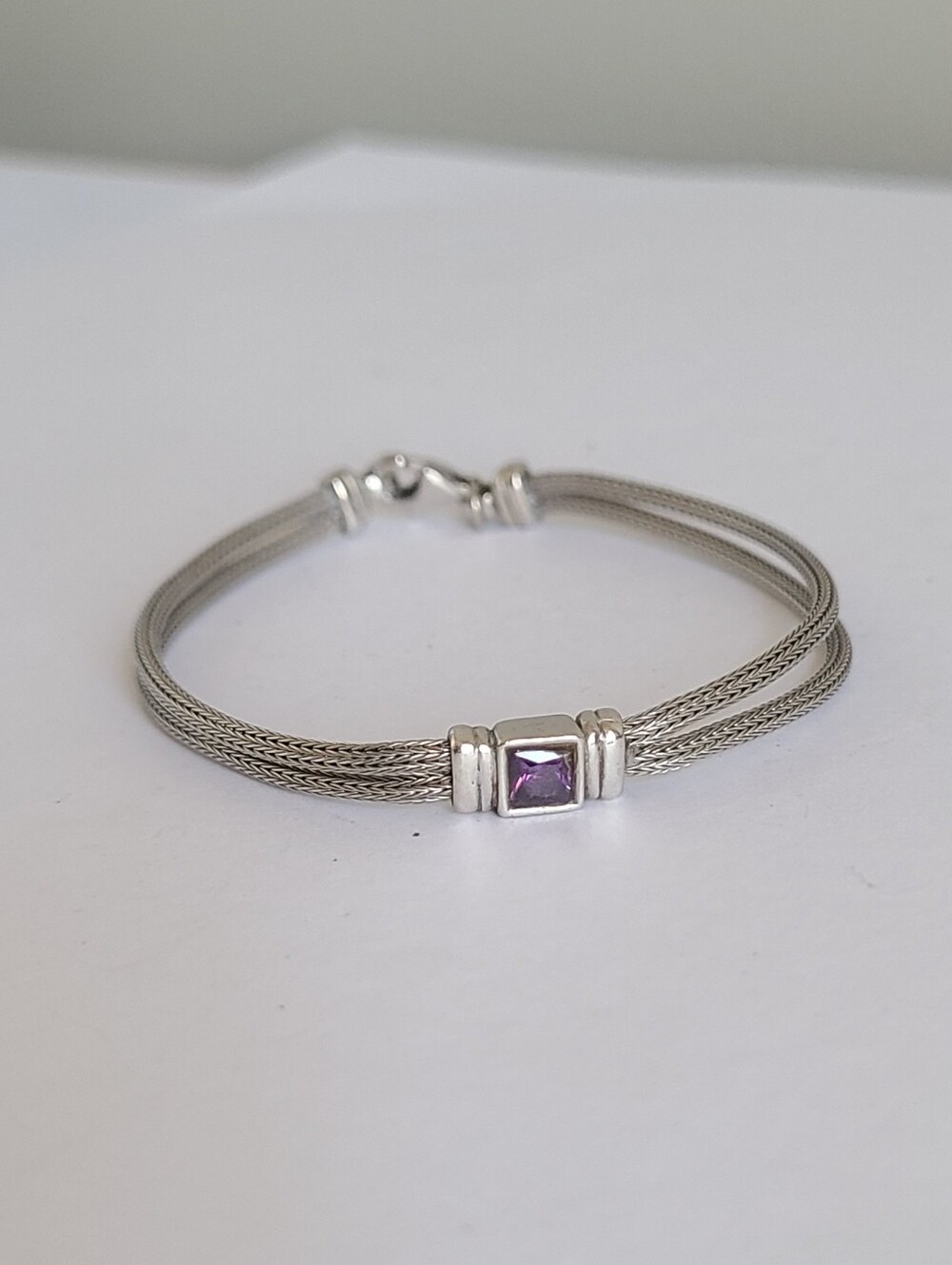Sterling Silver Woven Multi Strand Purple Amethyst Crystal Boho Modern Bracelet